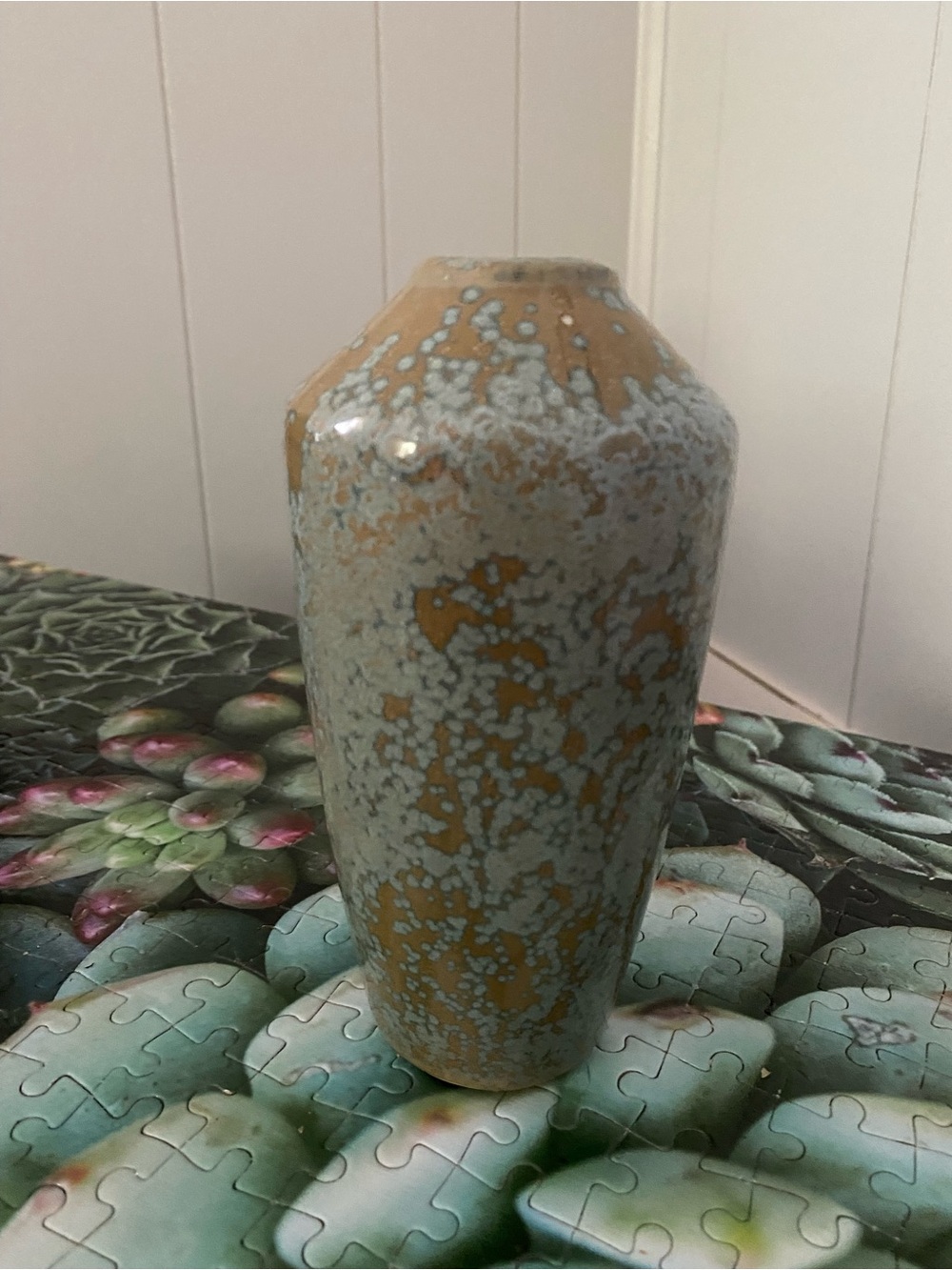 Vintage Speckled Ceramic Bud Vase in Blue-Green and Tan